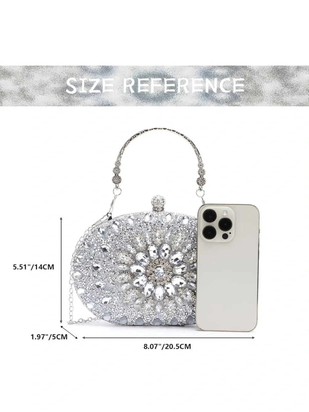 Luxe Silver Crystal Floral Oval Evening Clutch